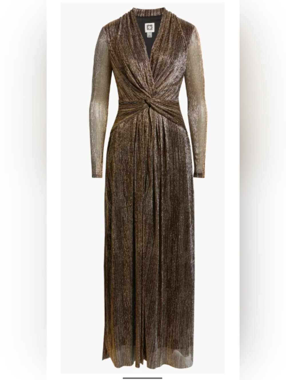 Anne Klein Bronze Metallic Twist-Front Long Sleeve Gown